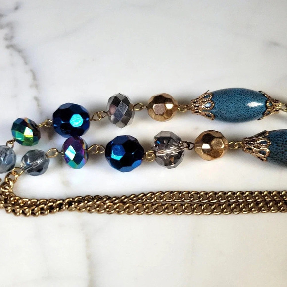 Glass Bead Tassel Necklace Long Vibrant Oil Slick Purple Blue Green Cera… - Picture 8 of 10